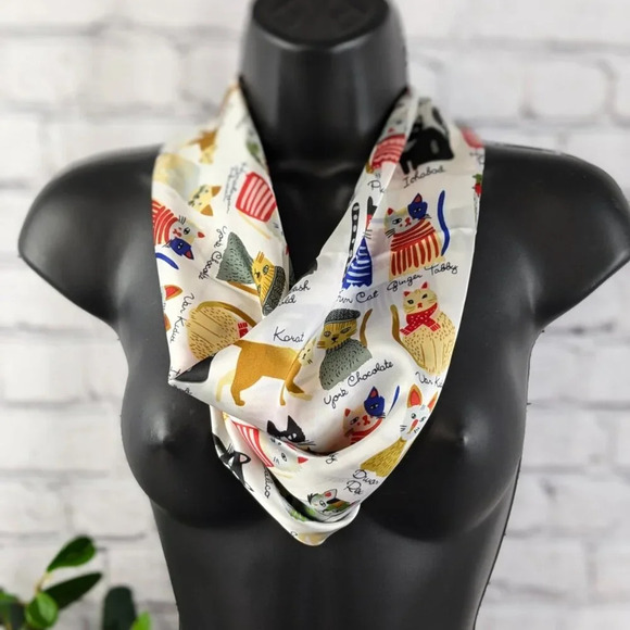 Assorted colorful whimsical cats on white background with gold trim scarf - Picture 1 of 11